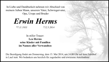 Traueranzeige von Erwin Herms von Pegnitz-Zeitung